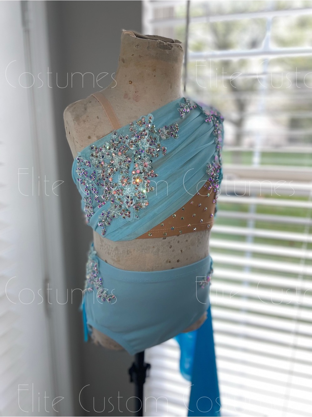 Kids One-Shoulder Aqua Dance Costume with Crystal Embellishments